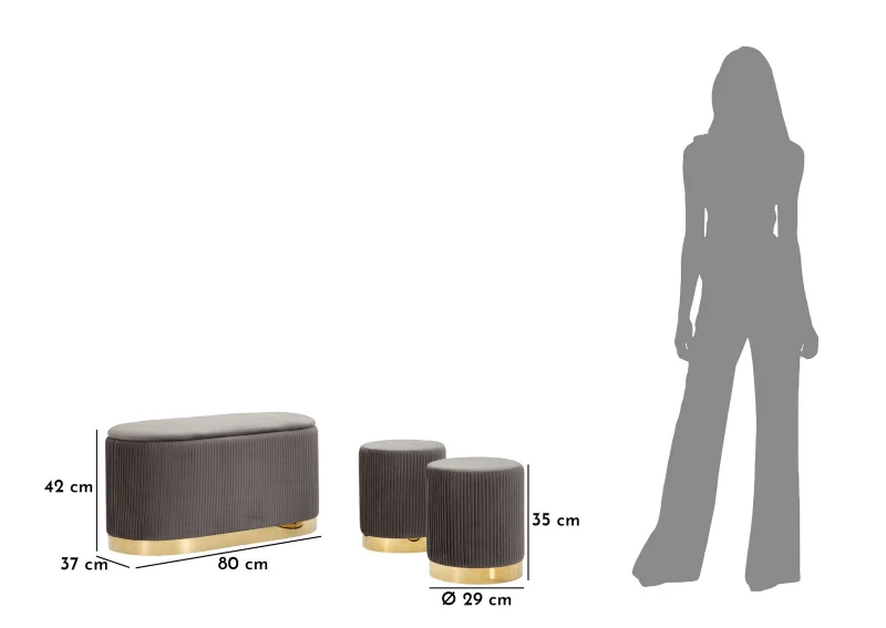 Mauro Ferretti  Banca Cu Depozitare Și Taburet Shopy Gri Set 3 Bucăți Cm 80X37X42-29X33