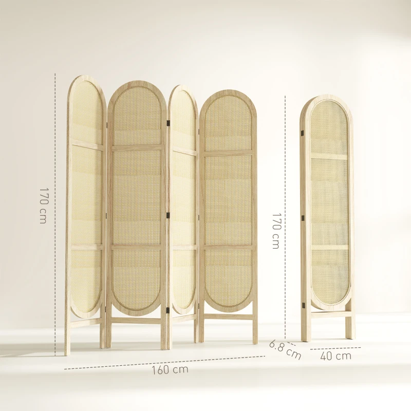 HOMCOM Paravan interior din lemn, 4 panouri, 170 x 160 cm, pliabil si portabil, model impletit manual, lemn natural
