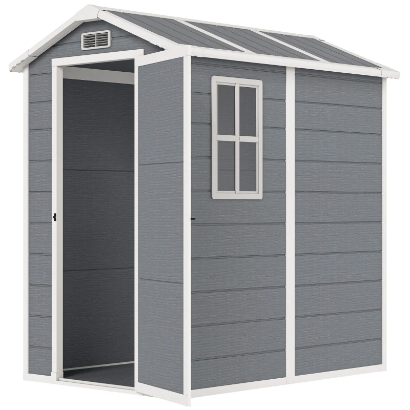 Outsunny Tuinschuur, Kunststof Tuinhuis met Vloer, Venster, Vergrendelbare Deuren, voor Tuin, 131B x 186D x 198H cm, Grijs