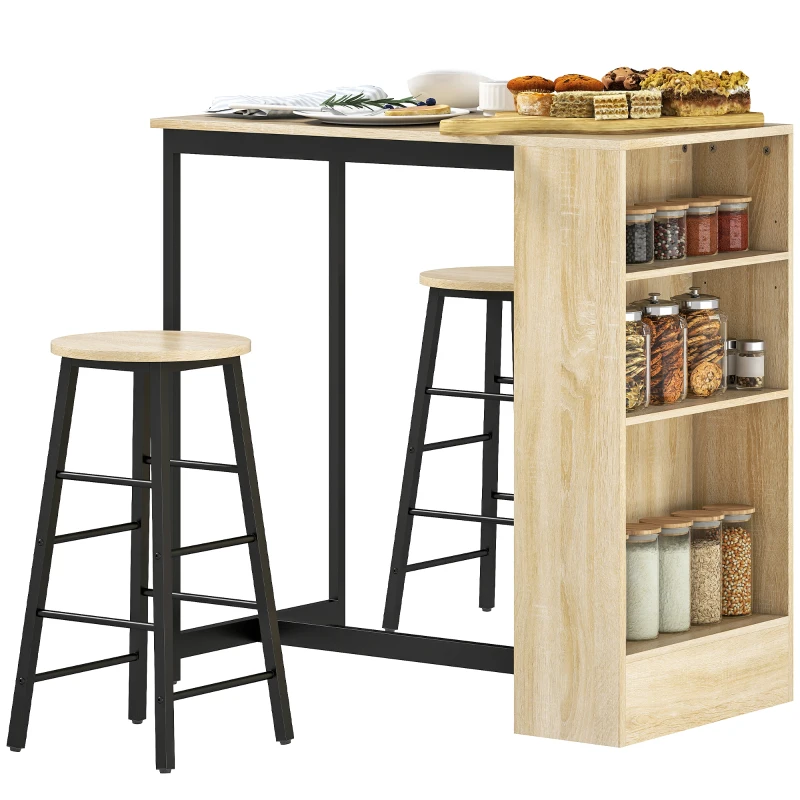 HOMCOM Conjunto Mesa de Bar com Banquetas Compartimentos Abertos Prateleira Ajustável e Apoio para os Pés Carvalho e Preto