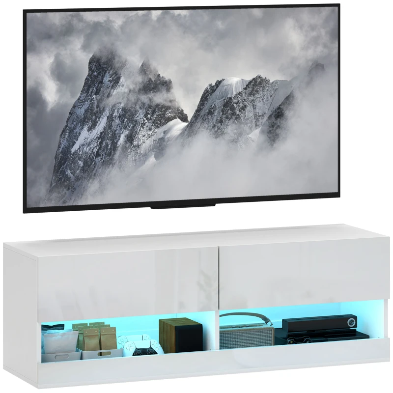 HOMCOM Dulap TV montat pe perete cu LED-uri, 16 moduri de clipire, Dulap TV montat pe perete, Rafturi deschise, 120 x 35 x 40,5 cm, Alb