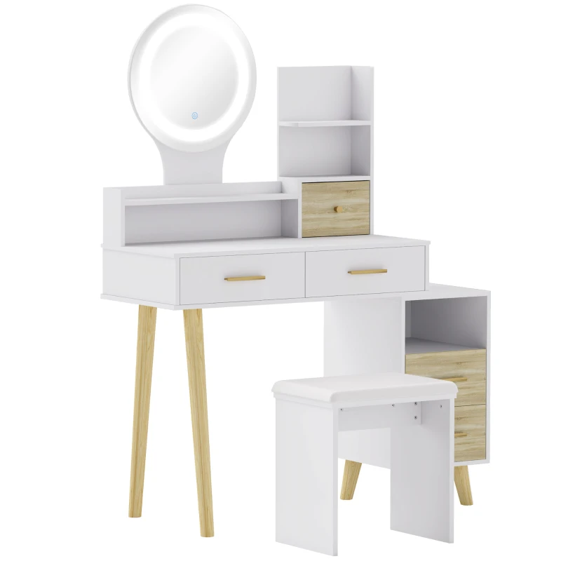 HOMCOM Coafă cu oglindă și taburet masă de machiaj lumină reglabilă 5 sertare 4 compartimente1 raft alb