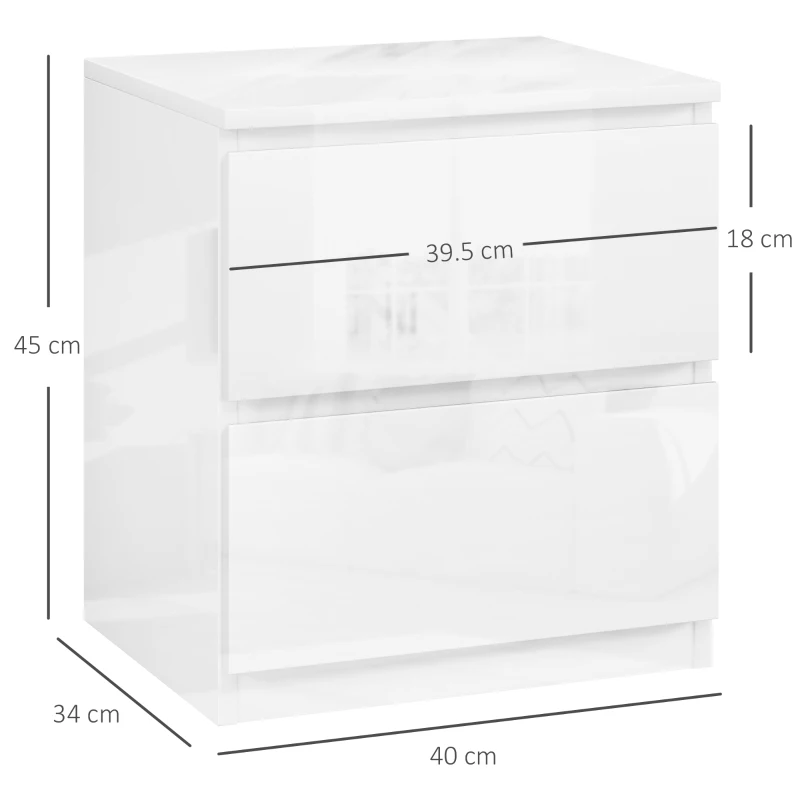 HOMCOM Măsuță de Noapte cu 2 Sertare Măsuță de Noapte pentru Dormitor Sufragerie 40x34x45 cm Alb Lucios