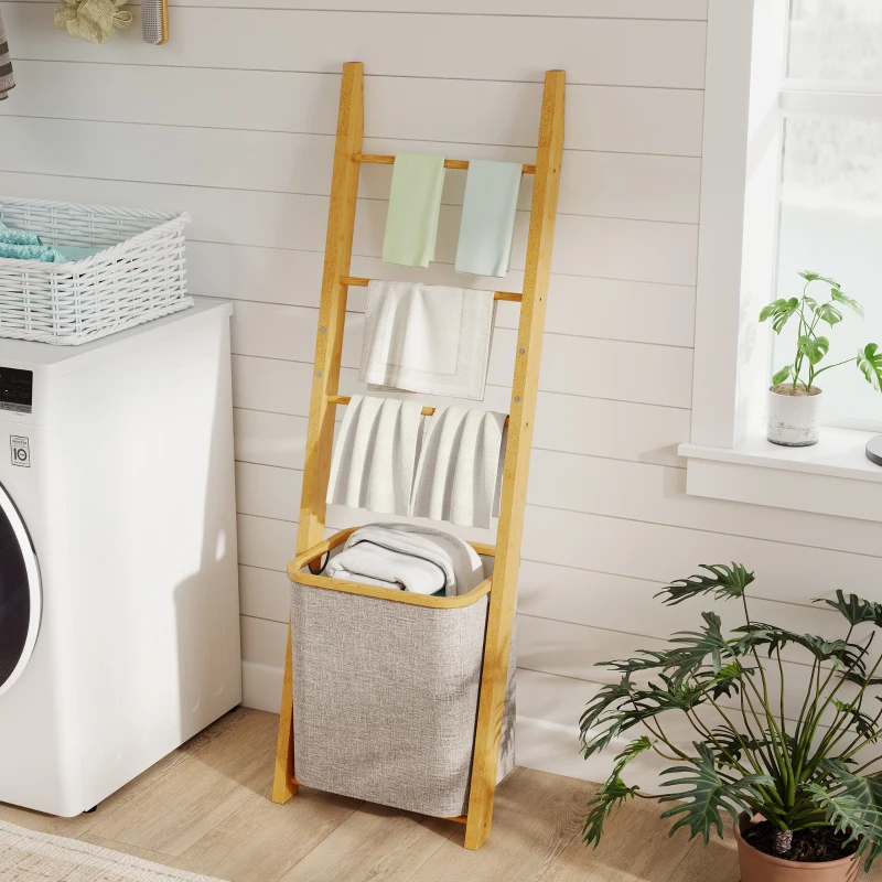 HOMCOM Étagère pour Salle de Bain en Bambou Porte-Serviettes sur Pied avec 3 Barres Panier à Linge Amovible de 48 L Crème