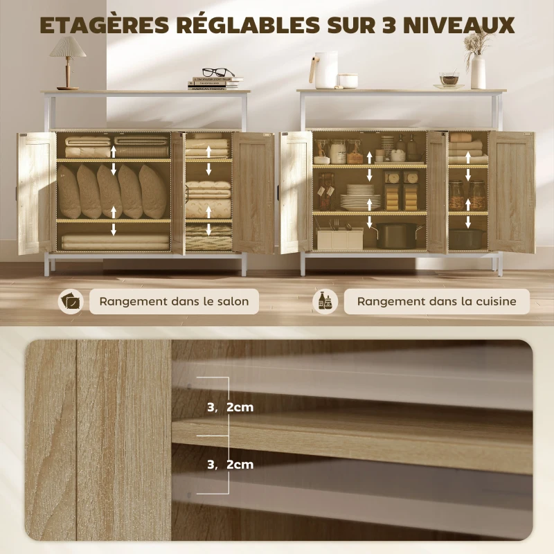 HOMCOM Buffet, meuble de rangement avec 3 portes, compartiment ouvert et 4 étagères réglables, 100 x 35 x 88 cm, bois naturel