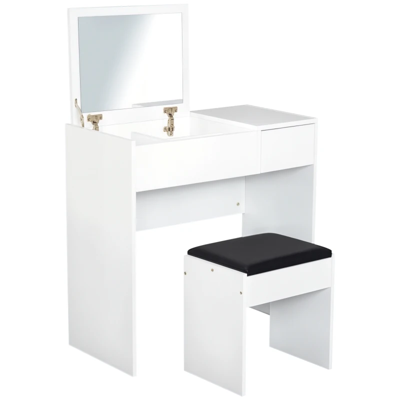 HOMCOM Tocador de Machiaj cu Taburet Masă de Machiaj cu Oglindă Capac Rabatabil și Cutii 80x40x79 cm și 40x30x40 cm