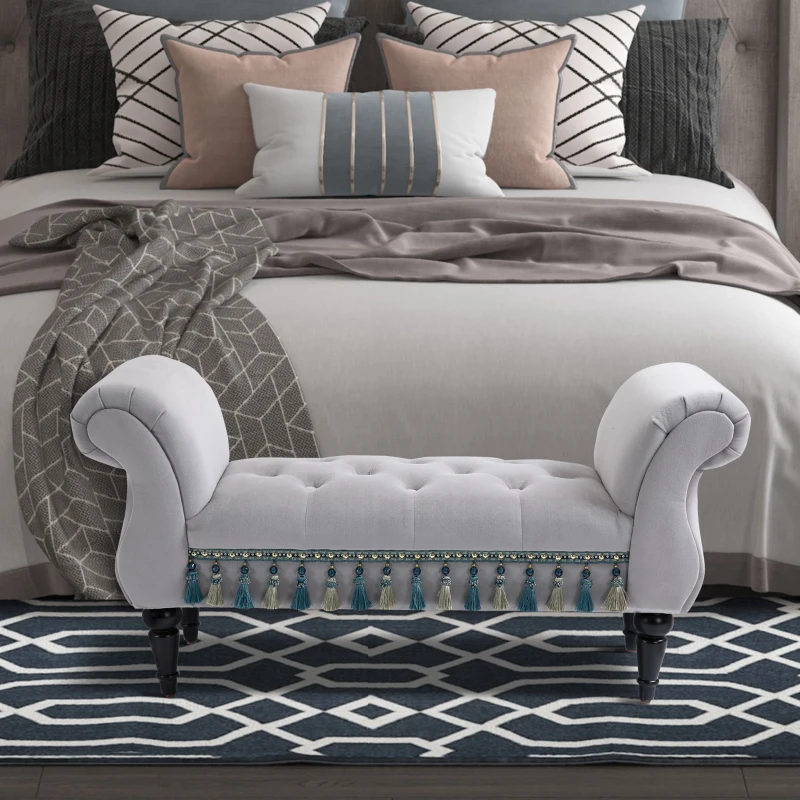 HOMCOM Banqueta Capitonê Veludo Banco de Cama com Braços Pés em Madeira de Seringueira Cinza 40x117x58 cm