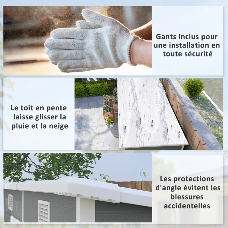 Outsunny Abri de jardin extérieur 2,4 x 1,3 m, en résine avec plancher, fenêtre, portes verrouillables et aérations, gris