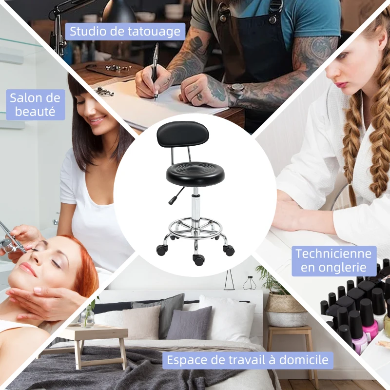HOMCOM Tabouret cu role, scaun de masaj cu înălțime reglabilă 70-86 cm și spătar, pivotant 360°, negru