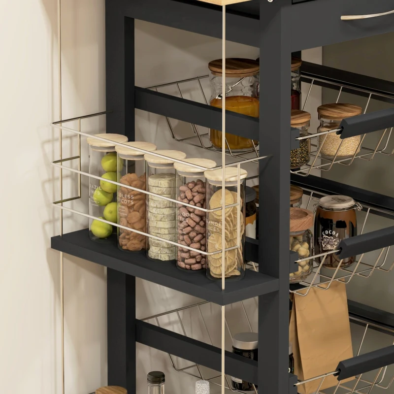 HOMCOM Carucior de Bucătărie cu Roți Carucior Multiusos cu Sertar 4 Coșuri Detașabile de Metal și Rafturi 47x37x83 cm Negru