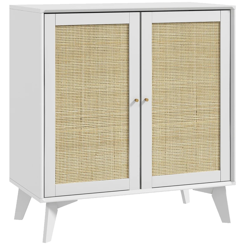 HOMCOM Móvel de Armazenamento Alto Design Boêmio Duplas Portas com 2 Níveis Fachada em Vime 80x40x85 cm Branco