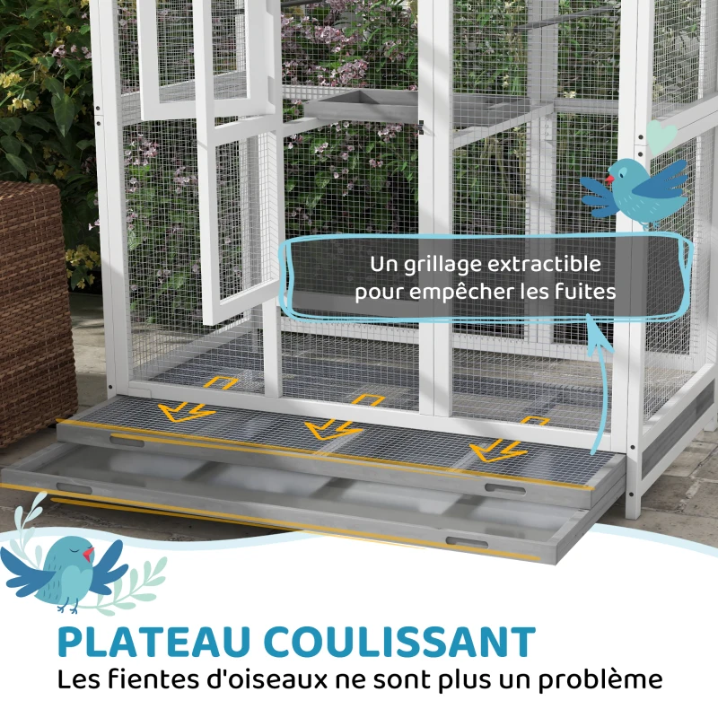 PawHut Grande cage oiseau volière à oiseaux intérieur exterieur, 4 perchoirs bac à litière coulissant 112 x 68 x 154 cm gris(m-5)