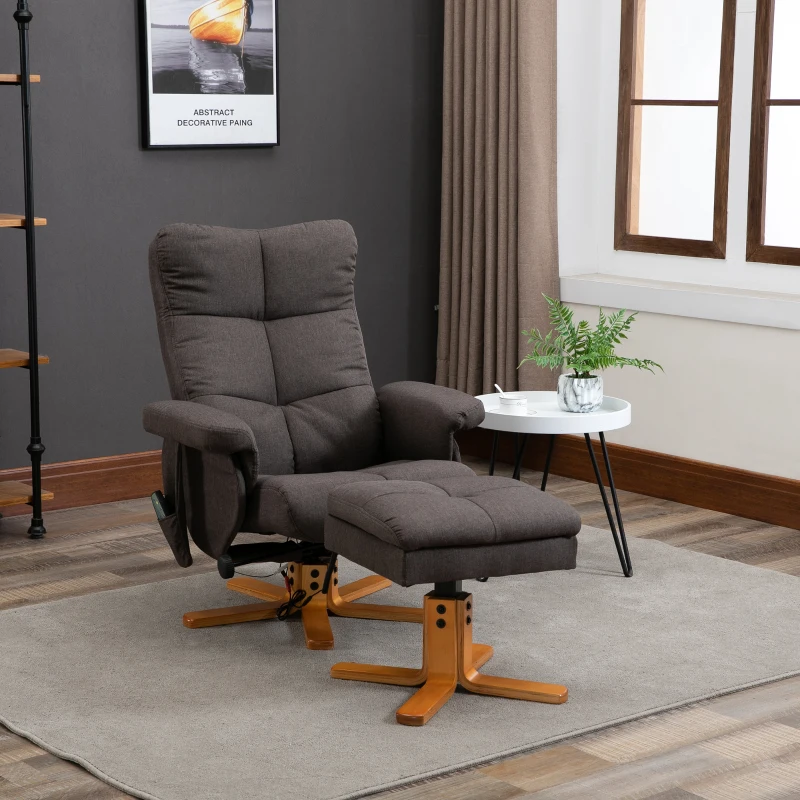 Scaun de masaj HOMCOM cu taburet, 360° rotativ, electric, cu funcție de întindere și spațiu de depozitare, scaun de relaxare pentru televizor, poliester, maro