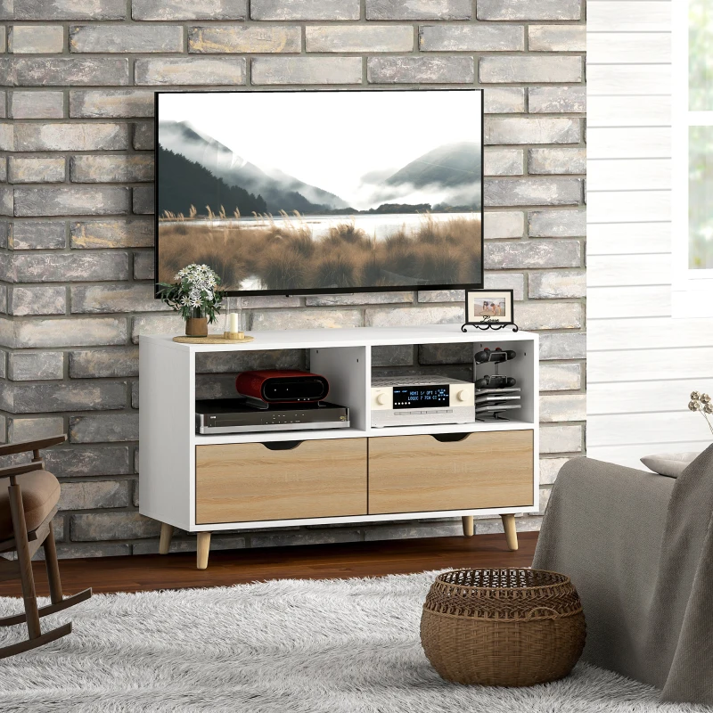HOMCOM TV-bench, TV-kommod cu sertare, rafturi deschise, lemn, 99 x 39 x 58 cm, Alb