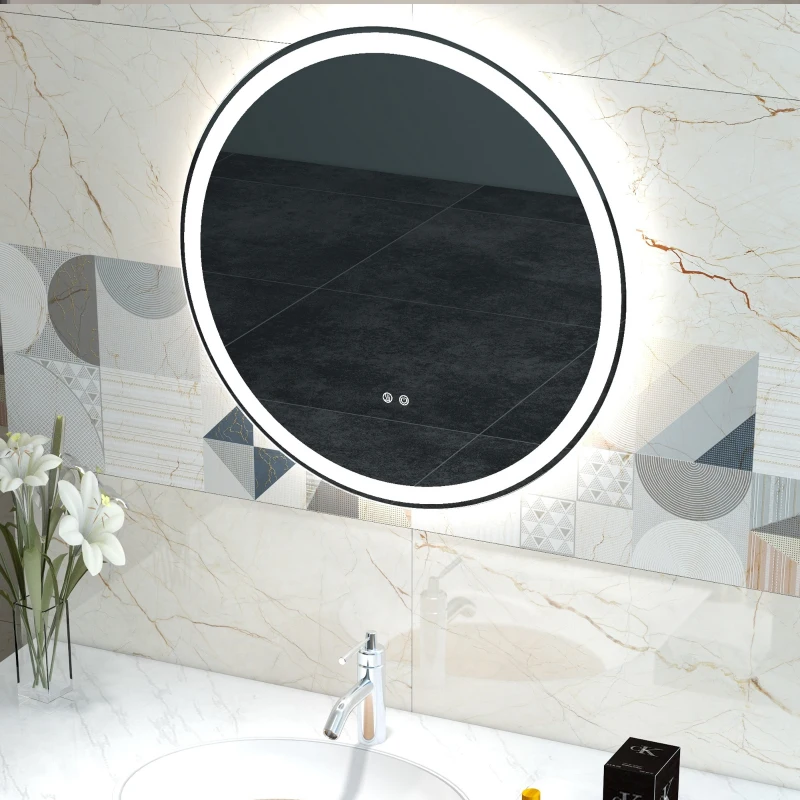 kleankin Espelho de Casa de Banho com Luzes LED Ajustáveis Ø60 cm com Função de Memória Anti-embaciamento e Interrutor Tátil Prata