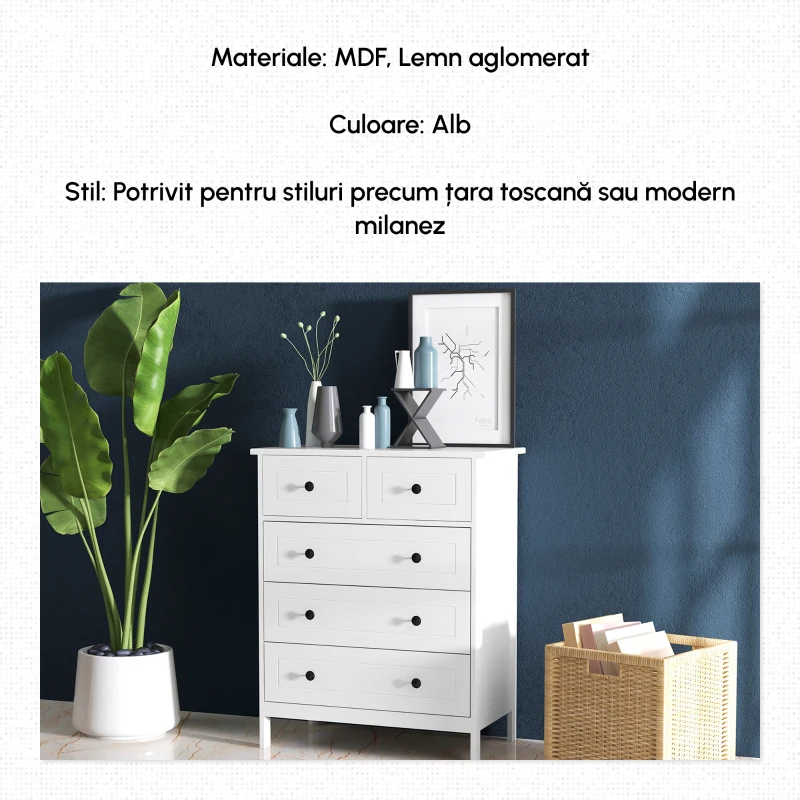 HOMCOM Comoda cu 5 Sertare cu Manere, Alb(m-5)