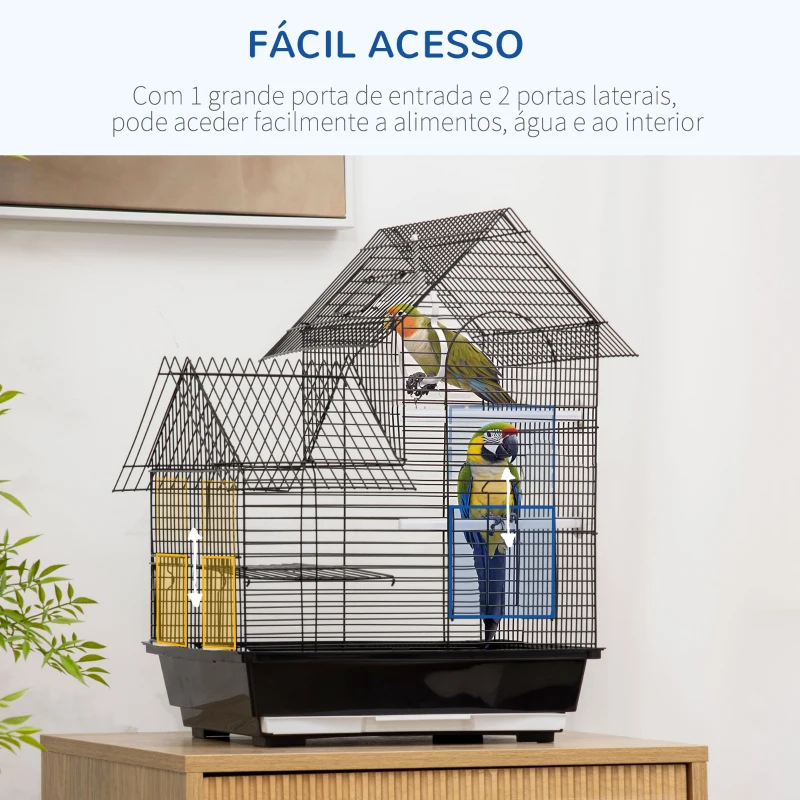 PawHut Gaiola para Pássaros 39x33x47cm com 3 Portas 2 Comedouros 2 Poleiros Baloiço Bandeja Amovível e Alça de Transporte Preto