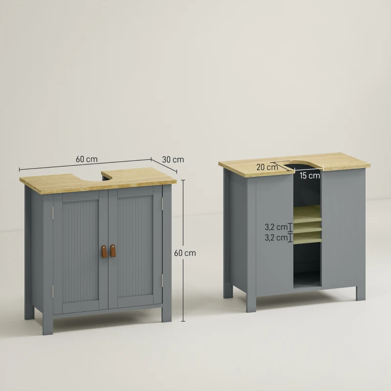 kleankin Mobilier subchiuvetă 2 uși raft reglabil 2 etaje în interior mânere din PU 60 x 30 x 60 cm gri