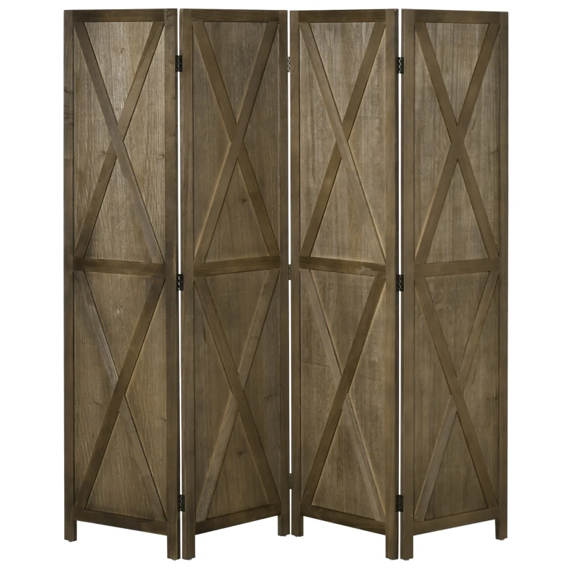 HOMCOM Paravan interior 4 Panouri 182L x 170H cm Stil rural elegant - separatoare de cameră cu cruciulite - Lemn de Paulownia Maro Gri