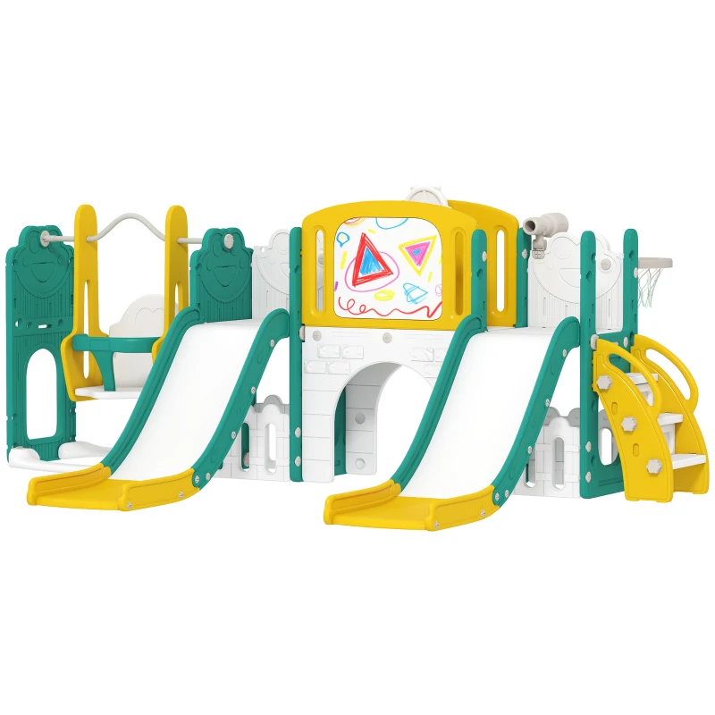AIYAPLAY Set de topire și leagăn 9 în 1 pentru Copii, cu Coș de Baschet, Telescop, Tablă de Desen, Design de Broască, Galben+Verde