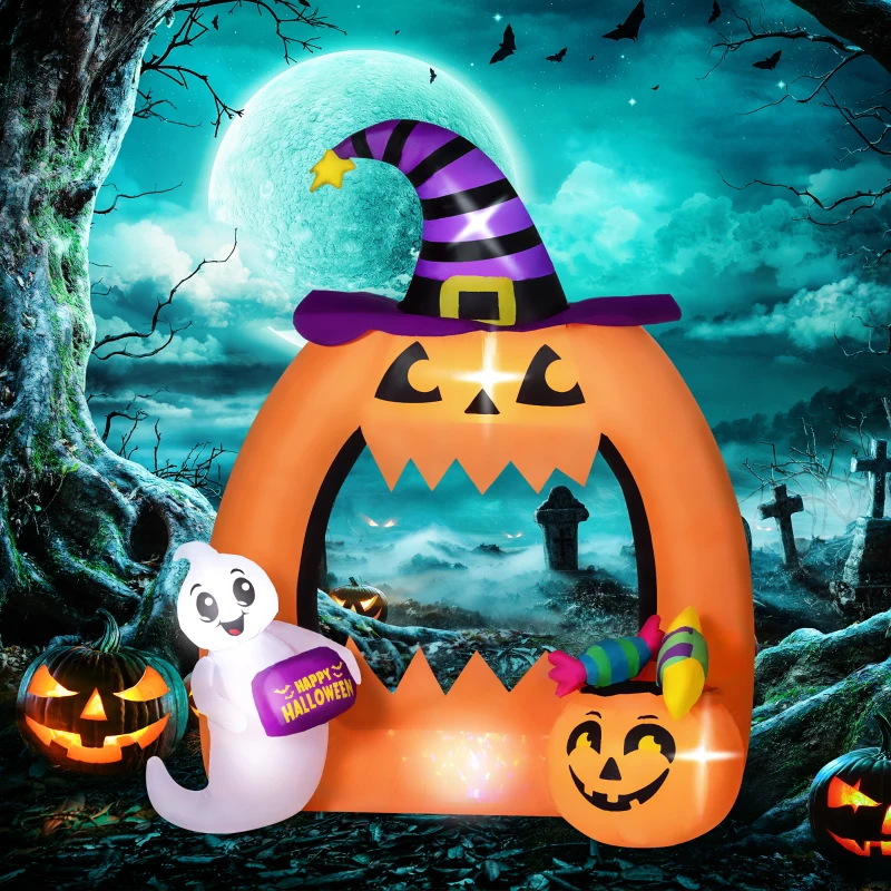 Outsunny Arco de Abóbora Insuflável de Halloween 150 cm com Fantasma Fofo Decoração Insuflável de Halloween com LEDs