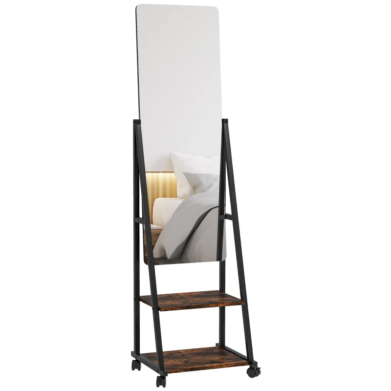 HOMCOM Oglindă pe picior rectangulară oglindă de sol cu unghi reglabil 2 rafturi 4 roți negru și maro rustic