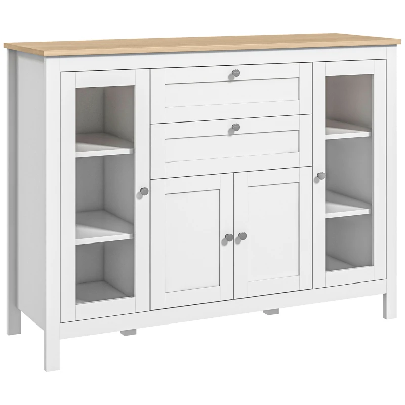 HOMCOM Mobile Cucina con 2 Cassetti e 3 Armadietti, Ante in Vetro e Ripiani Regolabili, 120x40x90 cm, Bianco e Rovere