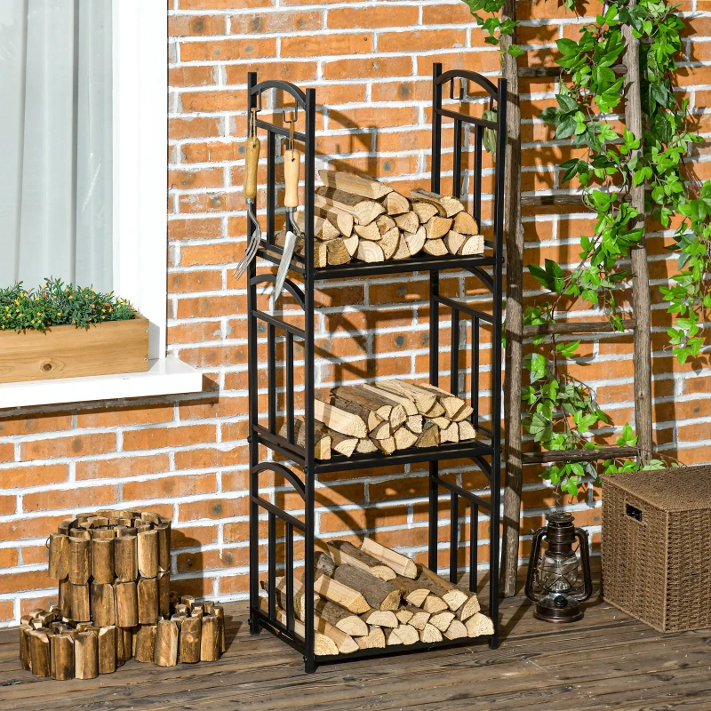 Outsunny Estante de Leña para Chimenea Interior 46 x 32 x 126 cm 3 Niveles Estante de Leña con 4 Ganchos Metal Negro