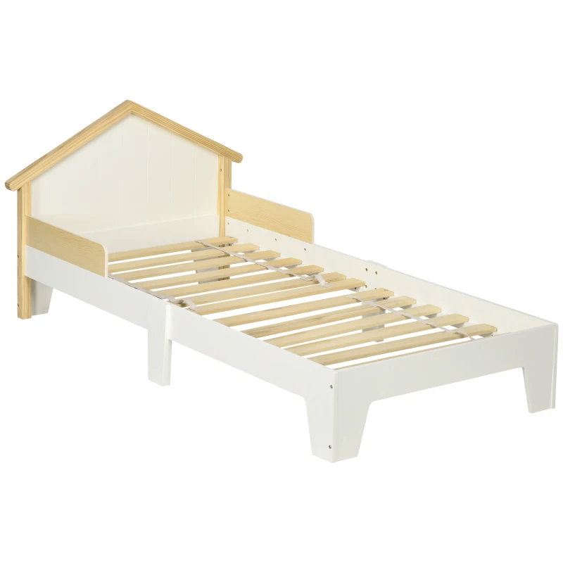 HOMCOM Cama Infantil Estrutura de Berço com Cabeceira em Forma de Casa e Estrado de Ripas Incluído 90x190 cm Pinho Maciço Branco