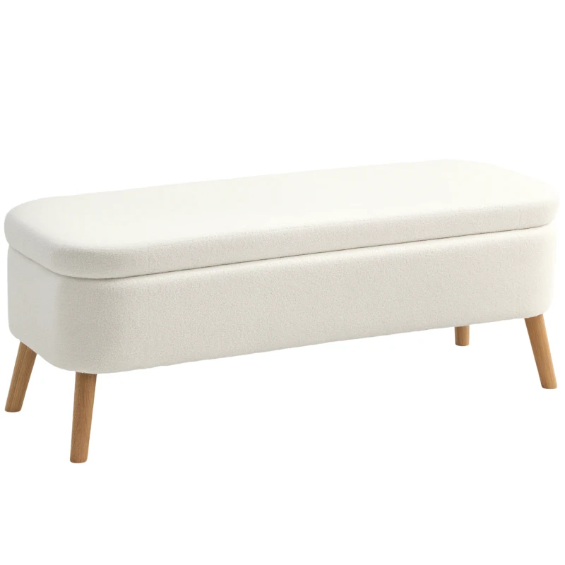 HOMCOM Opbergzithocker, zithocker met 65 L opbergruimte, voetensteun, fleece-stof, rubberhout, schuim, 120 x 42 x 45 cm, Crèmekleurig