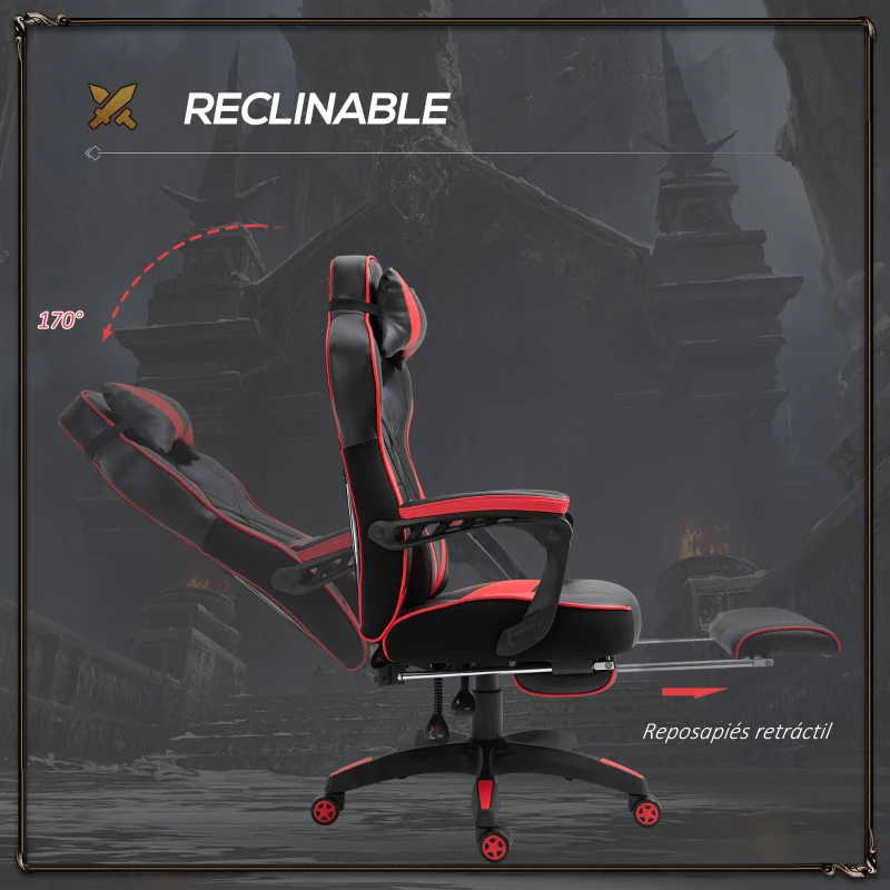Vinsetto Cadeira de escritorio gaming ergonômica Altura Ajustável reclinável com apoio para pés Vermelho e Preto