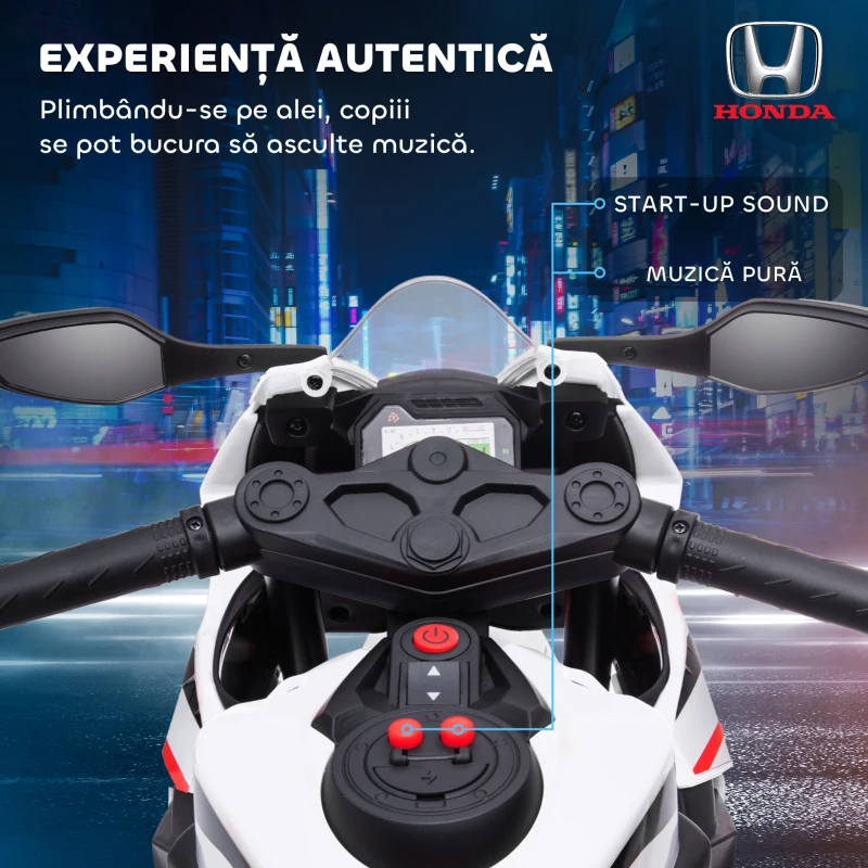 HOMCOM Motocicletă Electrică pentru Copii cu Baterie Reîncărcabilă de 6V, Viteză 3 km/h și Muzică, 90x44x52 cm, Alb(m-5)
