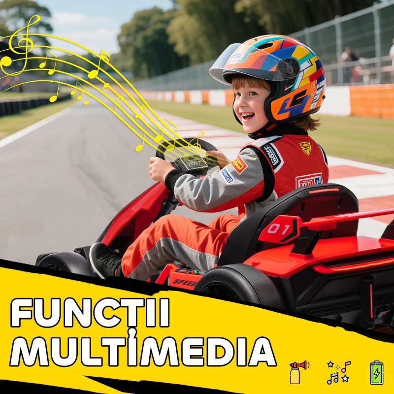 HOMCOM Go-Kart Electric pentru Copii cu Scaun Reglabil, 2 Motoare, Claxon, Lumini și Muzică, 120x76x53.5 cm, Roșu(m-9)