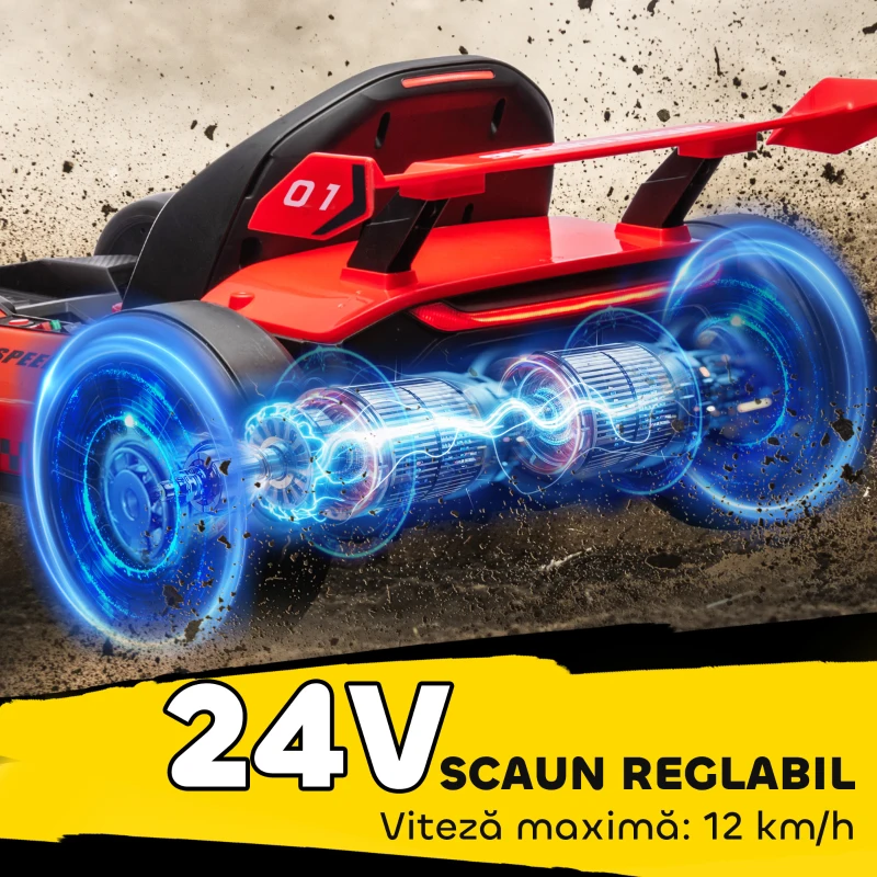 HOMCOM Go-Kart Electric pentru Copii cu Scaun Reglabil, 2 Motoare, Claxon, Lumini și Muzică, 120x76x53.5 cm, Roșu(m-6)