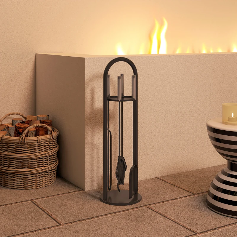 Outsunny Haardgereedschap 5-delig – bezem, schep, haak, tang & standaard, zwart