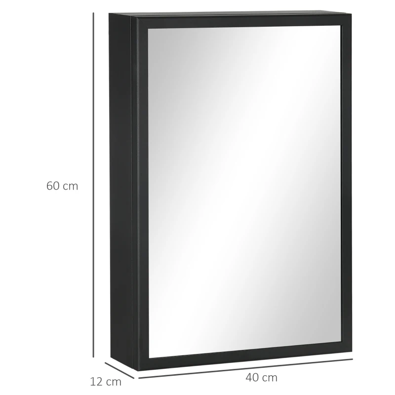 Kleankin Armário com Espelho de Casa de Banho Armário de Parede com 1 Porta e 2 Prateleiras em Aço 40x12x60 cm Preto