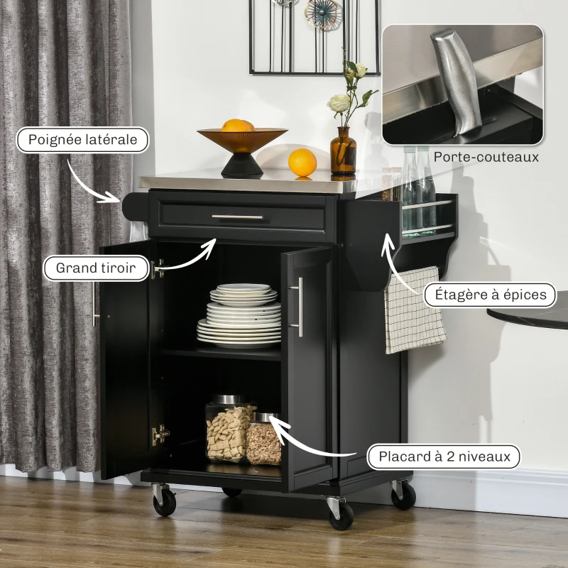 HOMCOM Dessert cuisine desserte à roulettes îlot central cuisine avec plateau en acier inox, étagère réglable, tiroir, porte-épices, porte-couteaux, 83,5 x 45,7 x 90,5 cm, noir