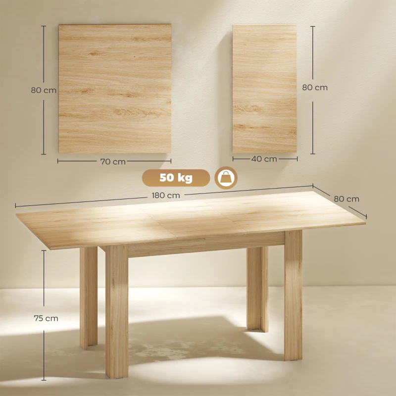 HOMCOM Mesa de Jantar Extensível Mesa de Cozinha Retangular para 6-8 Pessoas 140-180x80 cm Efeito de Madeira Natural