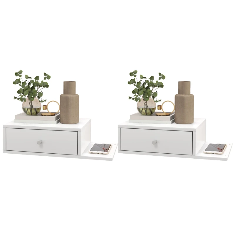 HOMCOM Set de 2 noptiere de perete - set de 2 noptiere - raft lateral și sertar - 55l x 30P x 15H cm MDF alb