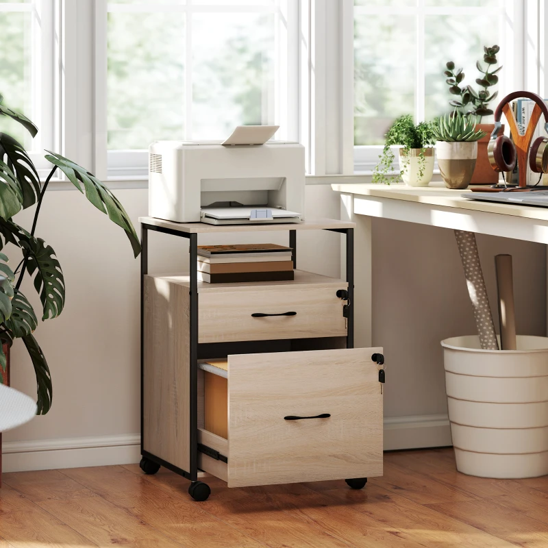 Vinsetto Büro-Aktenschrank Schreibtisch-Aktenschrank mit 2 Schubladen und Rädern für Brief A4 44x40x66,5 cm Naturholz