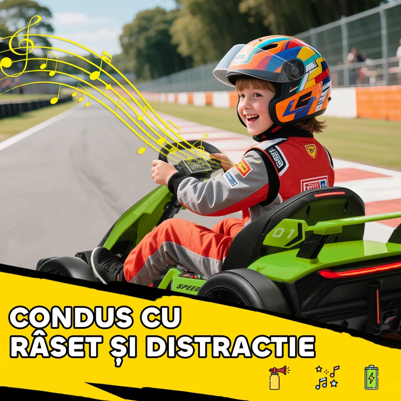 HOMCOM Go Kart Electric pentru Copii cu Scaun Reglabil, 2 Motoare, Claxon, Lumini și Muzică, 120x76x53,5 cm, Verde(m-9)