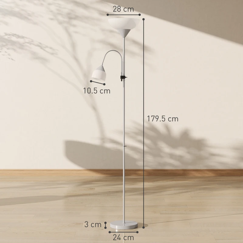 HOMCOM LED Floor Lamp for Living Room, 180cm Tall Standing Lamp, Mother and Child Uplighter with Adjustable Gooseneck, 3000K/4500K/6500K Colour Temperatures, Silver Tone
