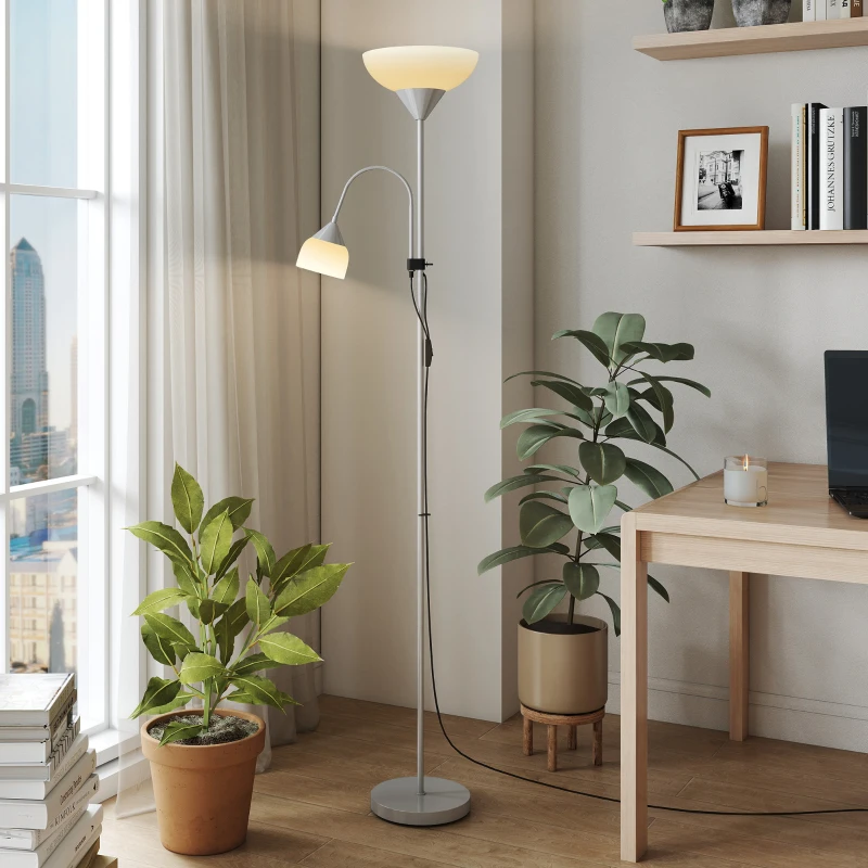 HOMCOM LED Floor Lamp for Living Room, 180cm Tall Standing Lamp, Mother and Child Uplighter with Adjustable Gooseneck, 3000K/4500K/6500K Colour Temperatures, Silver Tone