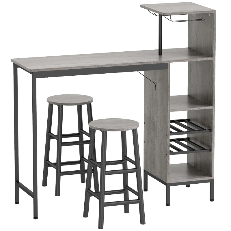HOMCOM Conjunto de mesa de bar con taburetes, mesa de comedor de pie con 2 taburetes de bar estantes, compartimentos para vinos, madera natural