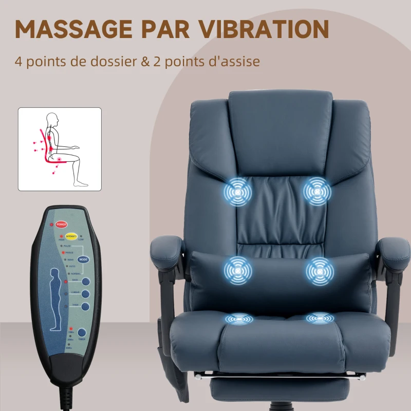 Vinsetto Fauteuil de bureau massant, repose-pied, hauteur réglable, dossier inclinable, télécommande filaire, 66x75x122cm, bleu