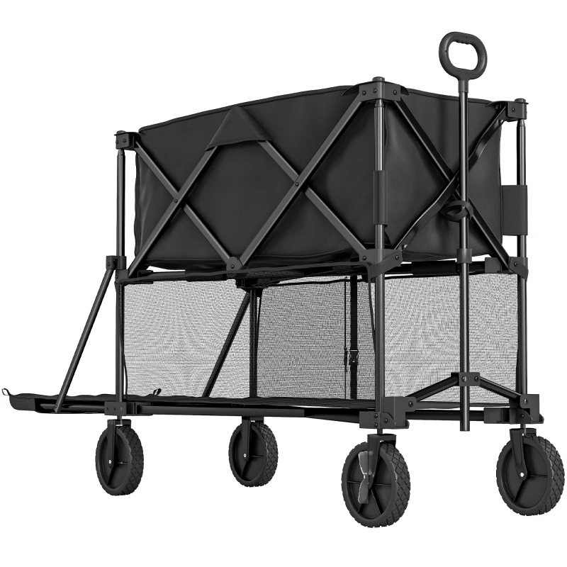 Outsunny Double Decker Folding Festival Trolley on Wheels, 200KG & 350L Capacity Collapsible Wagon Festival Trolley Cart with 134cm Extended for Camping Sports Shopping Garden and Beach, Black