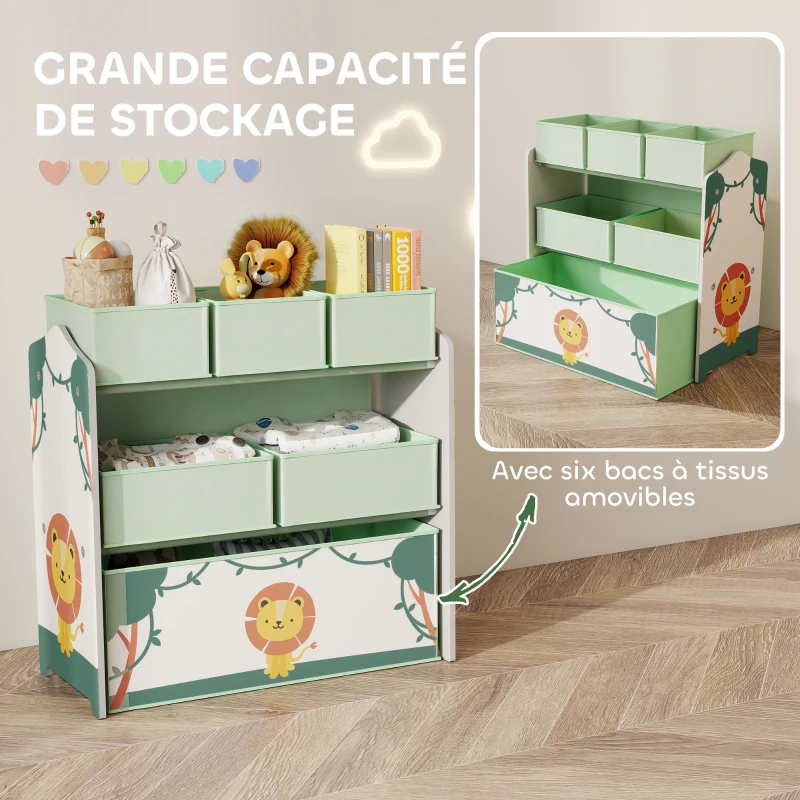 AIYAPLAY Meuble rangement enfant à 3 niveaux, étagère de rangement pour jouets enfants avec 6 boîtes en tissu amovibles, vert