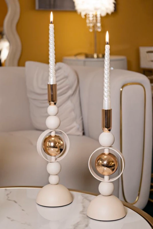 Mauro Ferretti Set Suport Lumânare Saturn Crem 2 Bucăți Cm Ø10X27-10X31