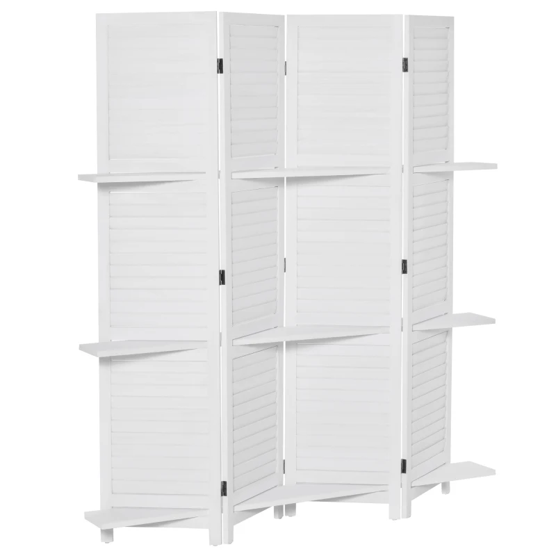 HOMCOM Paravent interior 4 Panouri 160L x 170H cm 3 rafturi Pliabile separator de cameră Uși pliante Lemn de Paulownia Alb