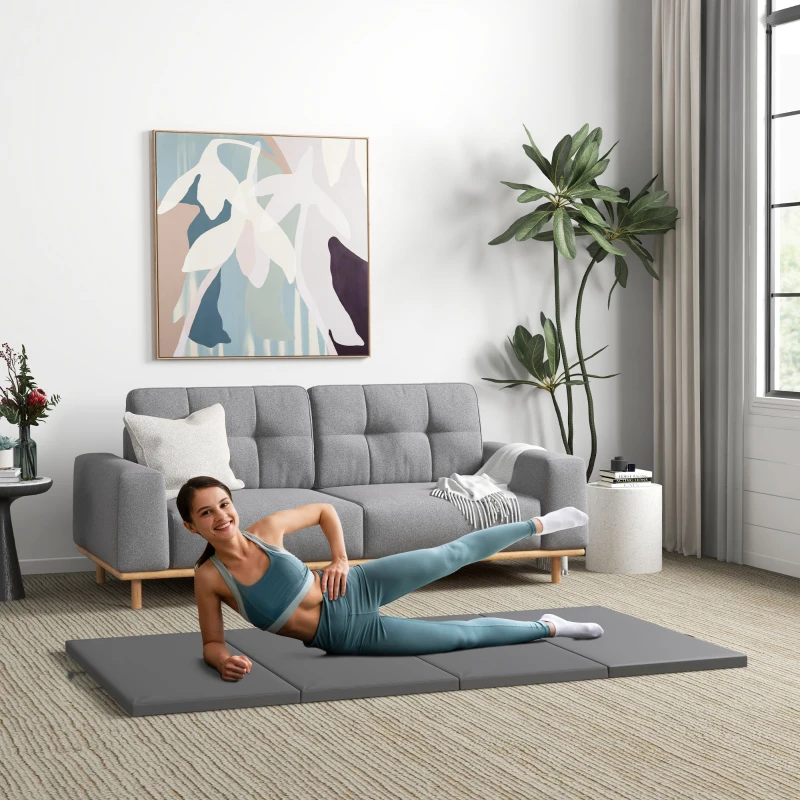 HOMCOM Tapete de Ginástica Yoga Pilates Fitness Dobrável em 4 com Material sintético Pegas 240x120x5 cm Cinzento